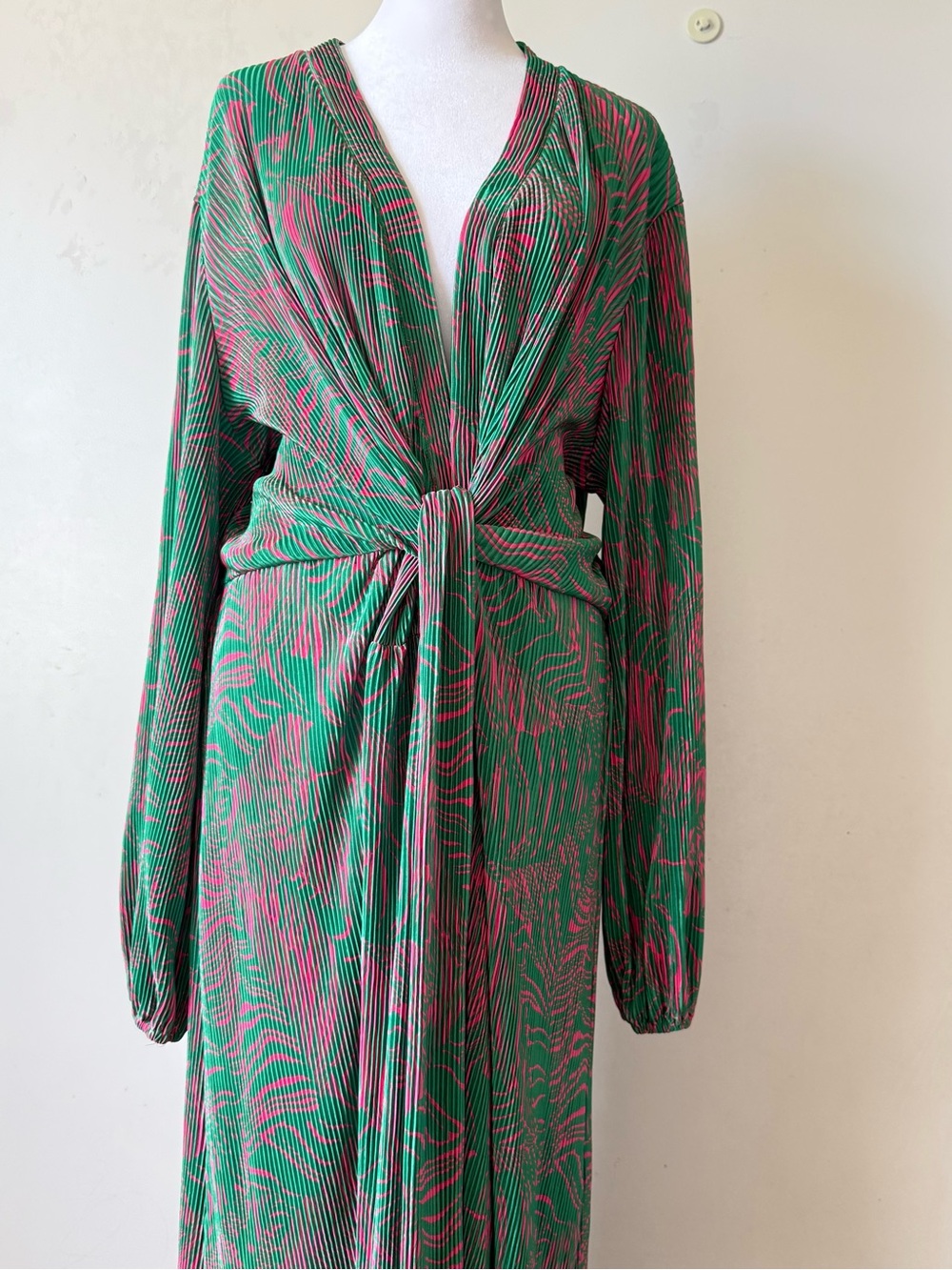 Green & Pink Long Sleeve Tie-Waist Maxi Dress